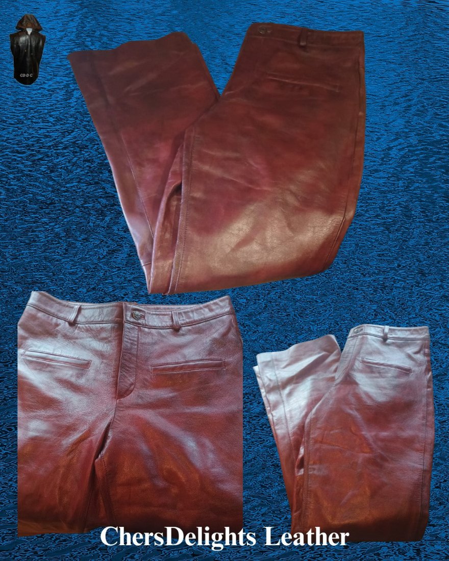 Collage picture of  our Mens Maroon Leather Pants, three views on blue bacground.