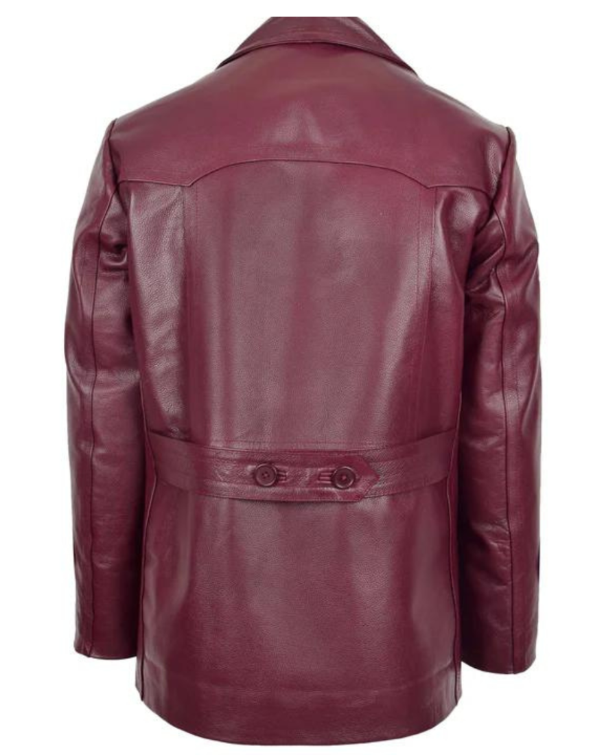 Picture of our Mens Maroon Peacoat on a mannequin, back view.