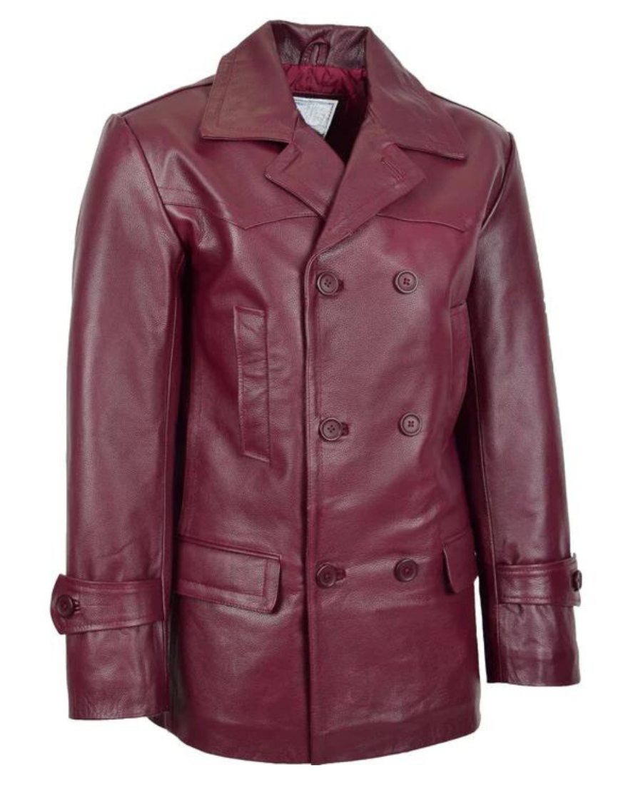 Picture of our Mens Maroon Peacoat on a mannequin, another front view view.