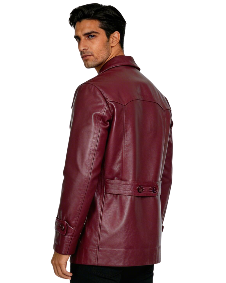 Man wearing a burgundy leather jacket on a white background, back view