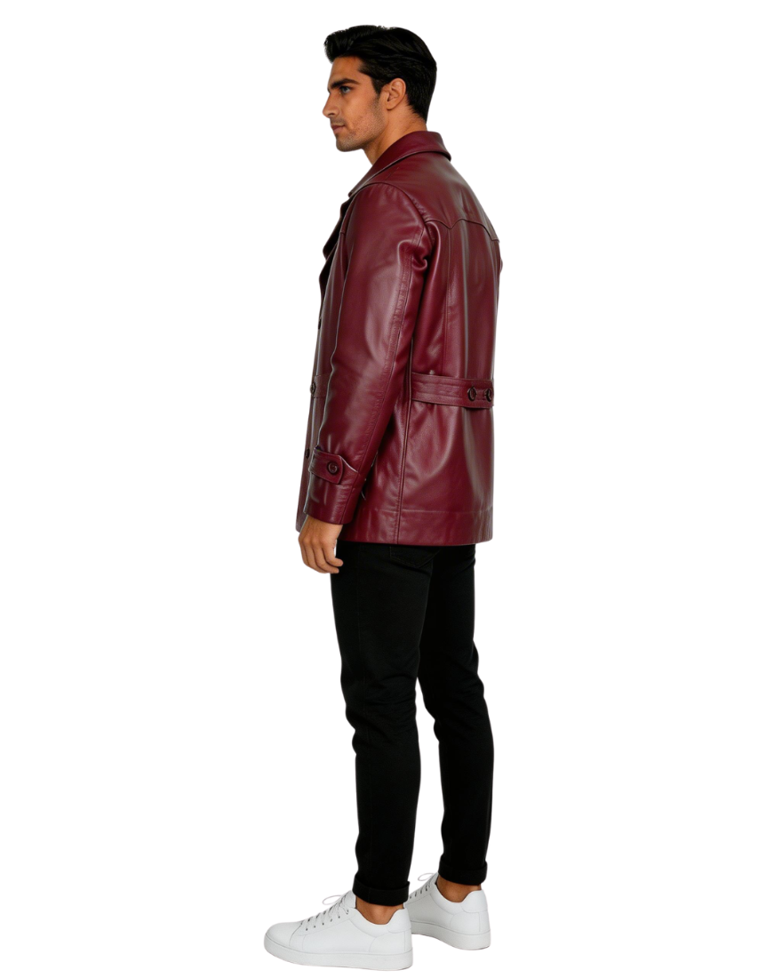Man wearing a burgundy leather jacket on a white background, back view