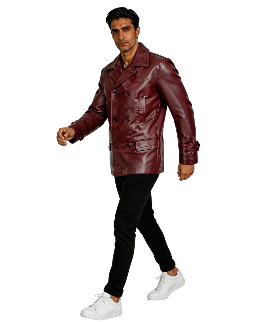 Man wearing a burgundy leather jacket on a white background, in a walking pose.