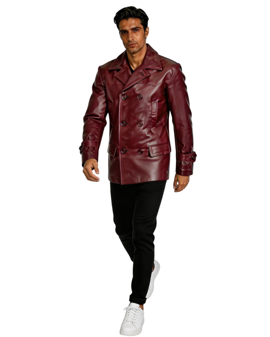 Man wearing a burgundy leather jacket on a white background, front view