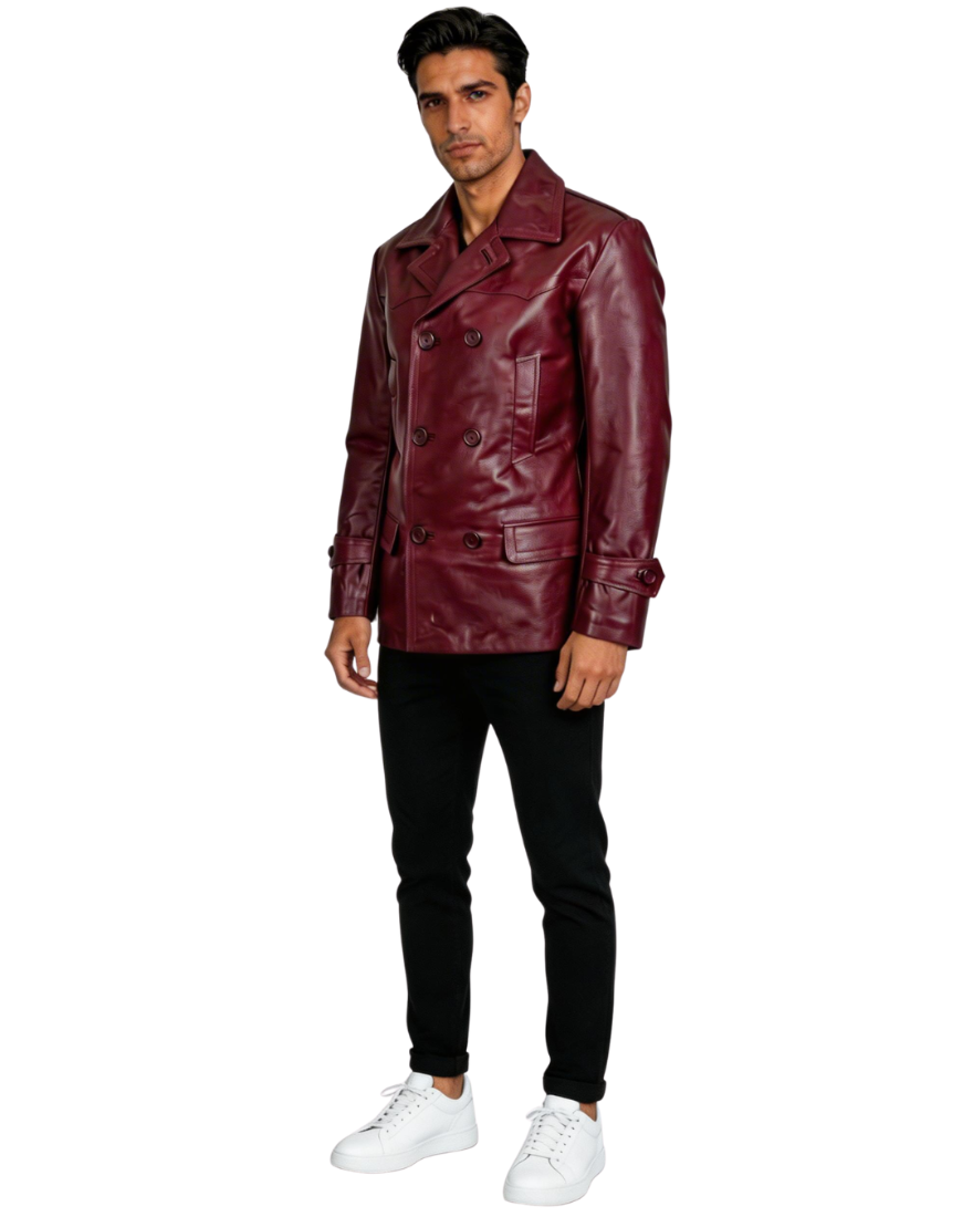 Man wearing a burgundy leather jacket on a white background, front  view
