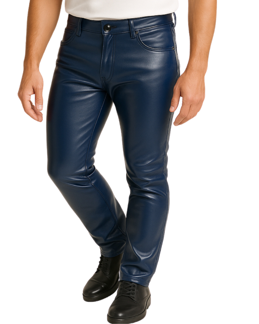 Picture of a model wearing our Men's Navy Blue Leather Pants, front view.