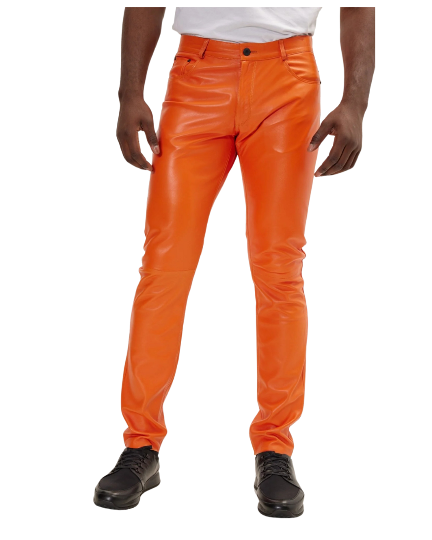 Picture of a model wearing our Mens Orange Leather pants, front view