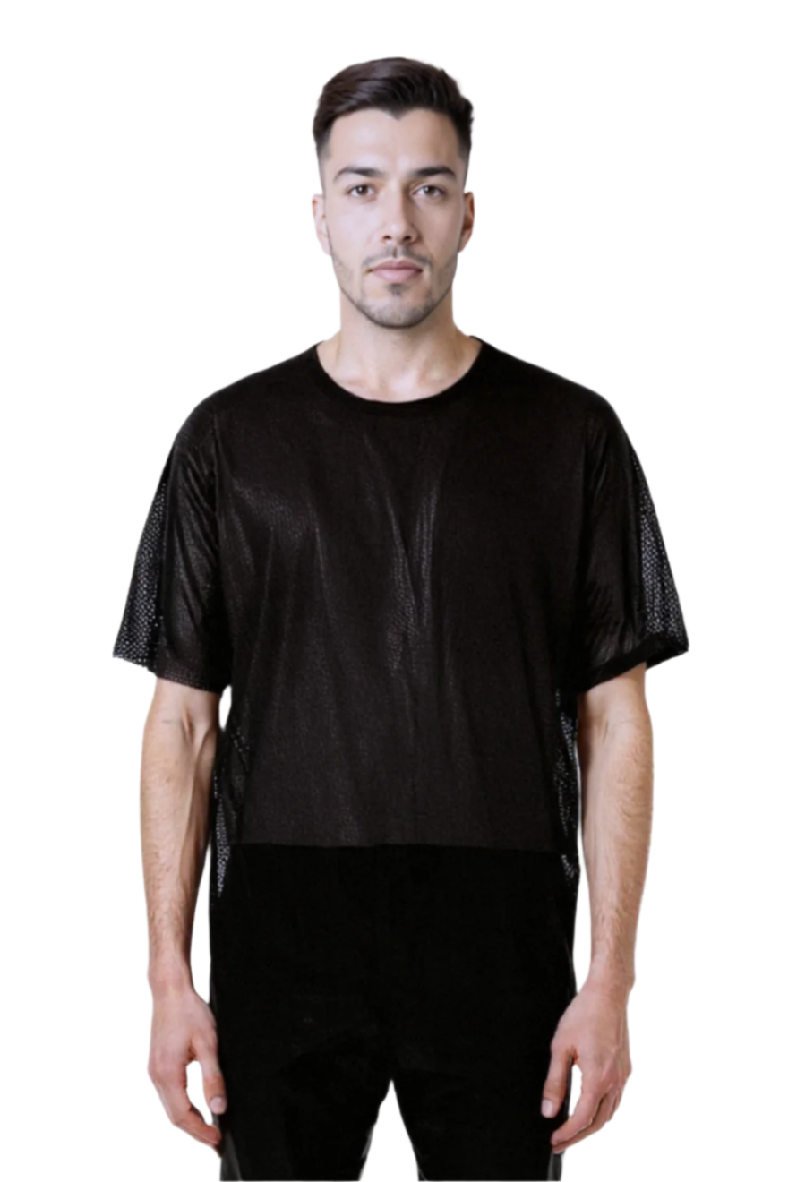 Picture of a model wearing our Mens Perforated Leather Tee Shirt, Front view.
