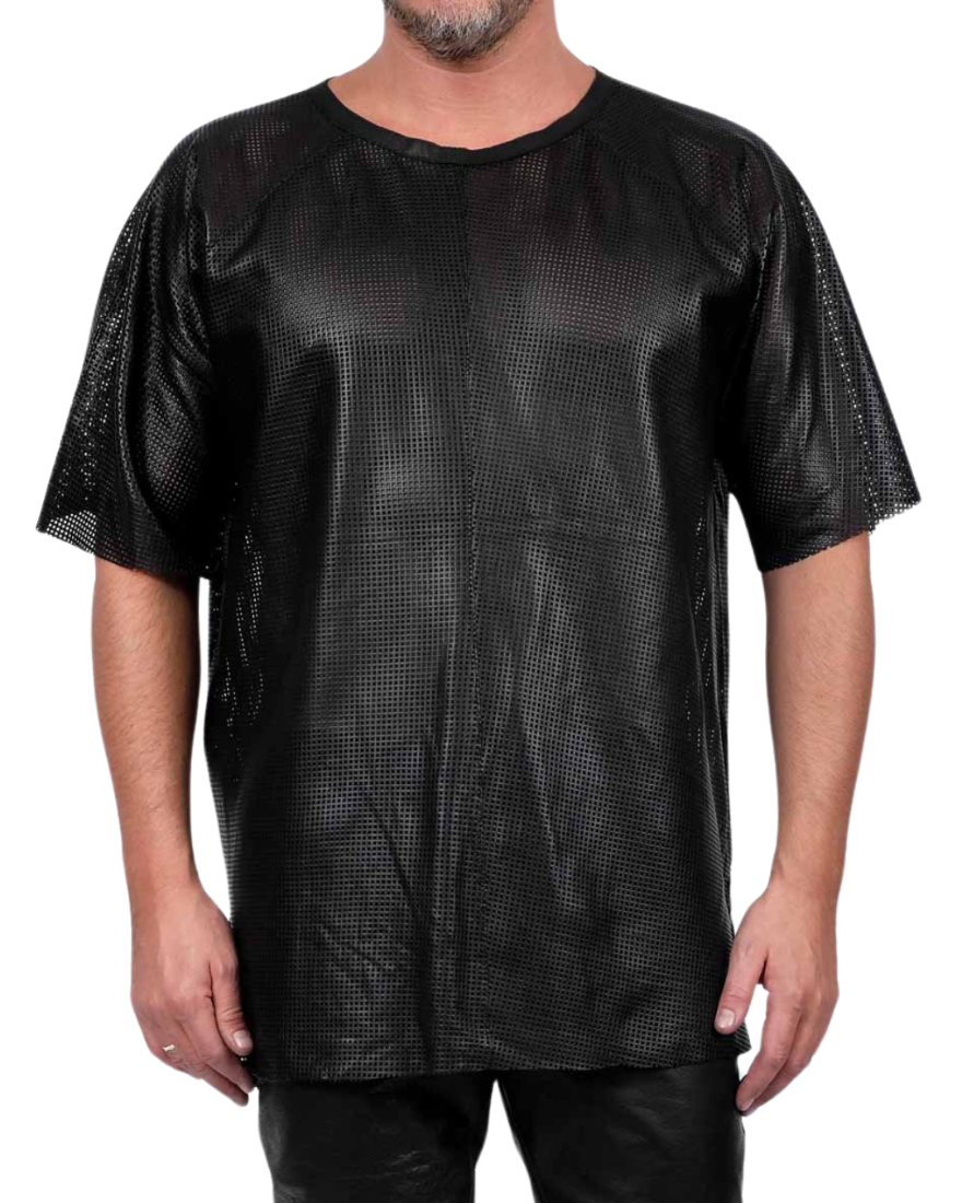 Picture of a model wearing our Mens Perforated Leather Tee Shirt, Front view.