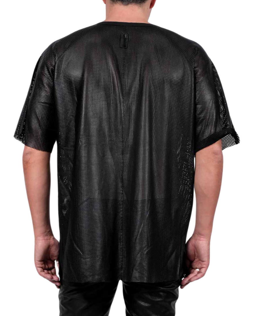 Picture of a model wearing our Mens Perforated Leather Tee Shirt, back view.