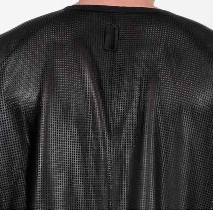 Close up view of our Mens perforated Lather Tee shirt, showing the perforation detail.