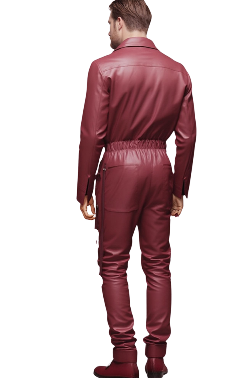 Picture of a model wearing our Men&#39;s Red Leather Jumpsuit, back view.