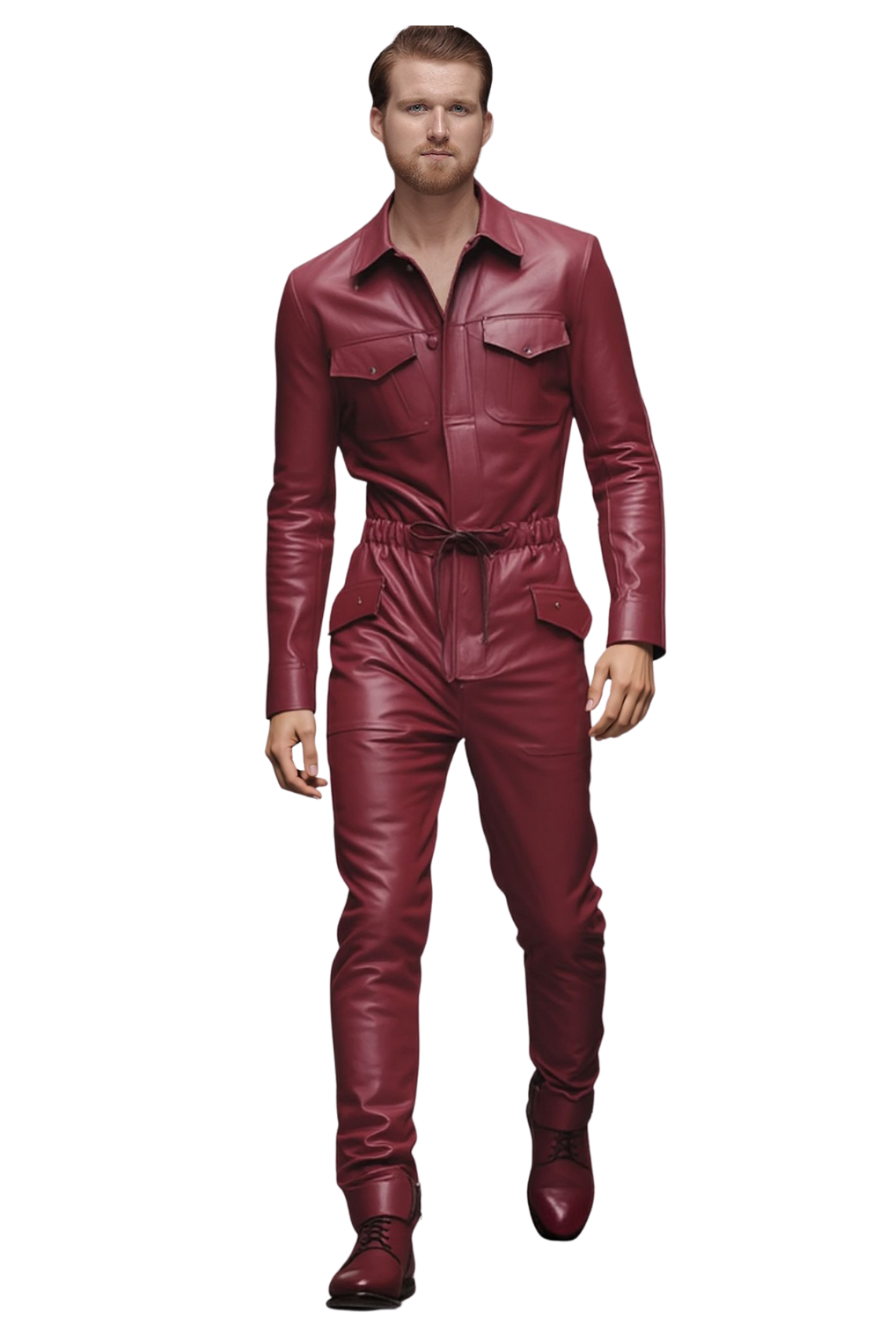 Picture of a model wearing our Men&#39;s Red Leather Jumpsuit, front view.