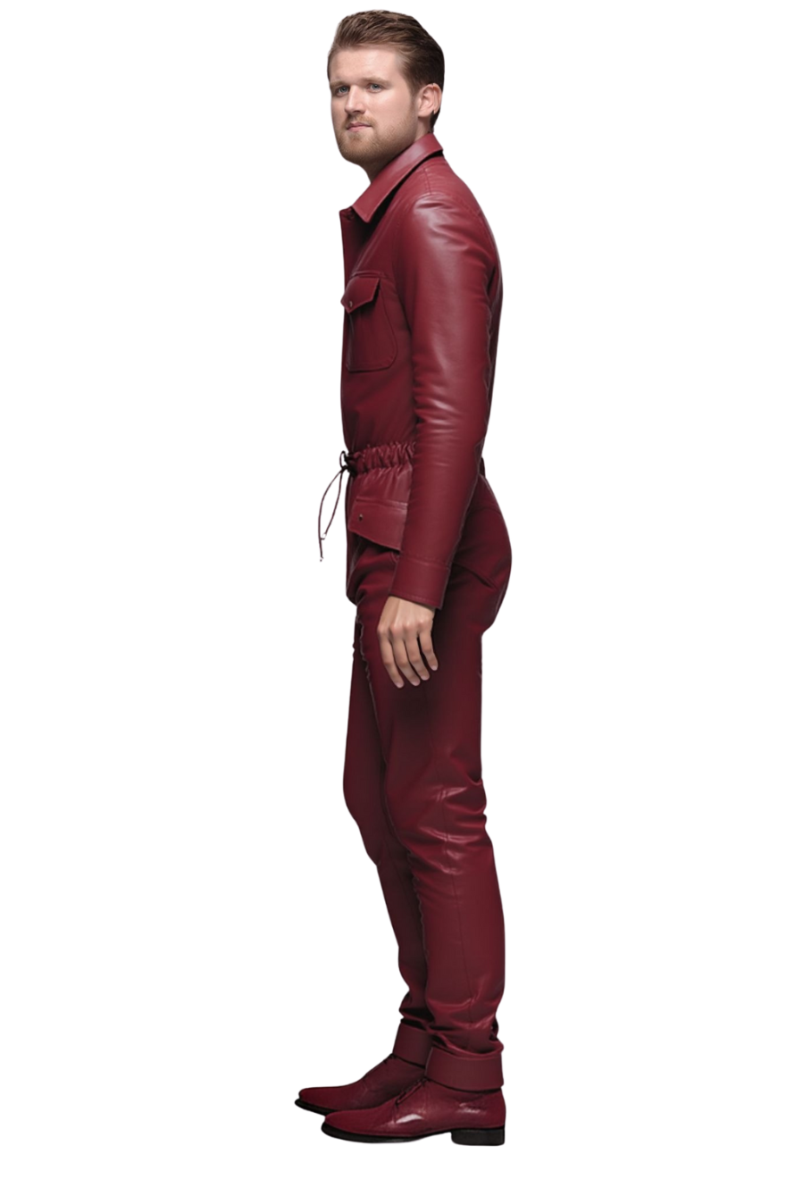 Picture of a model wearing our Men&#39;s Red Leather Jumpsuit, side view.