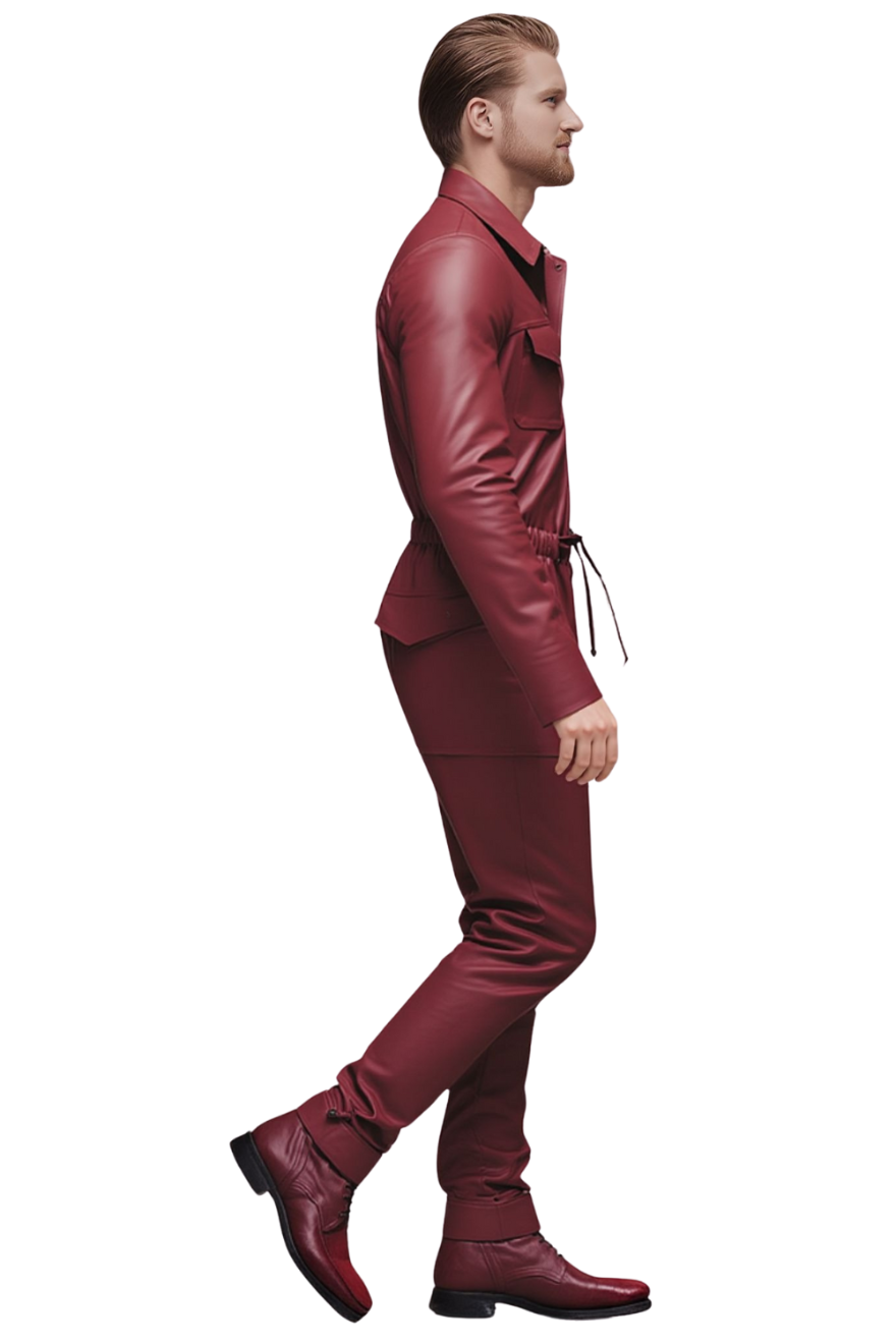 Picture of a model wearing our Men&#39;s Red Leather Jumpsuit, side view.