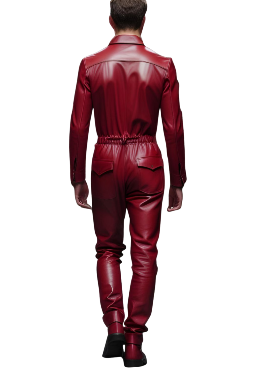 Picture of a model wearing our Men&#39;s Red Leather Jumpsuit, back view.