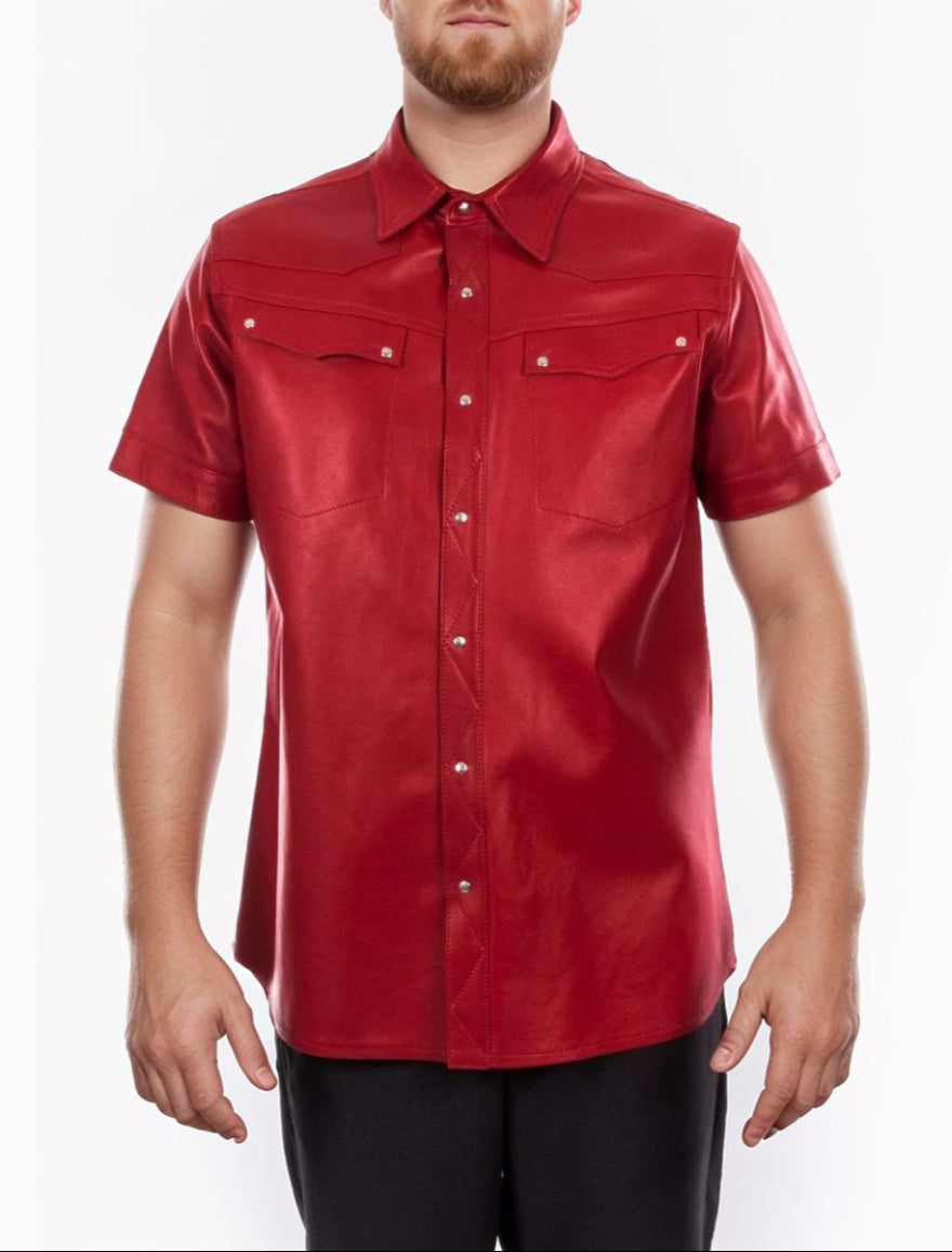 Picture of a model wearing our Red Leather short sleeve shirt, front view.