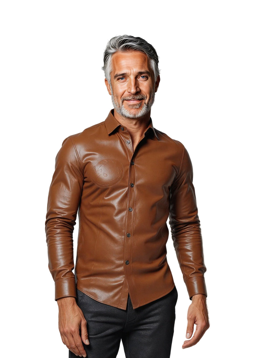 Man wearing our Mens Tan Leather Shirt on a white background