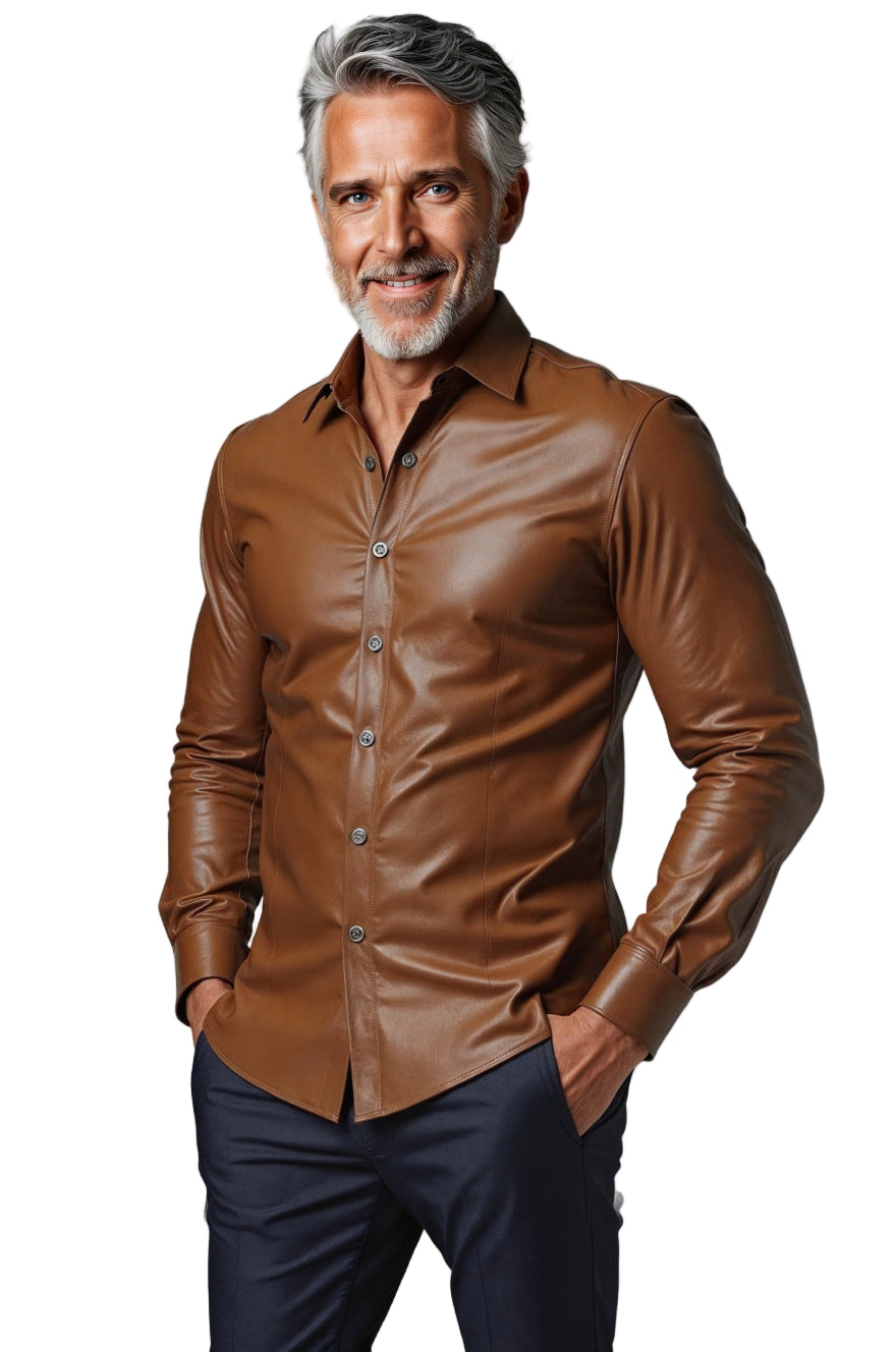Man wearing a Tan Leather Shirt front view.
