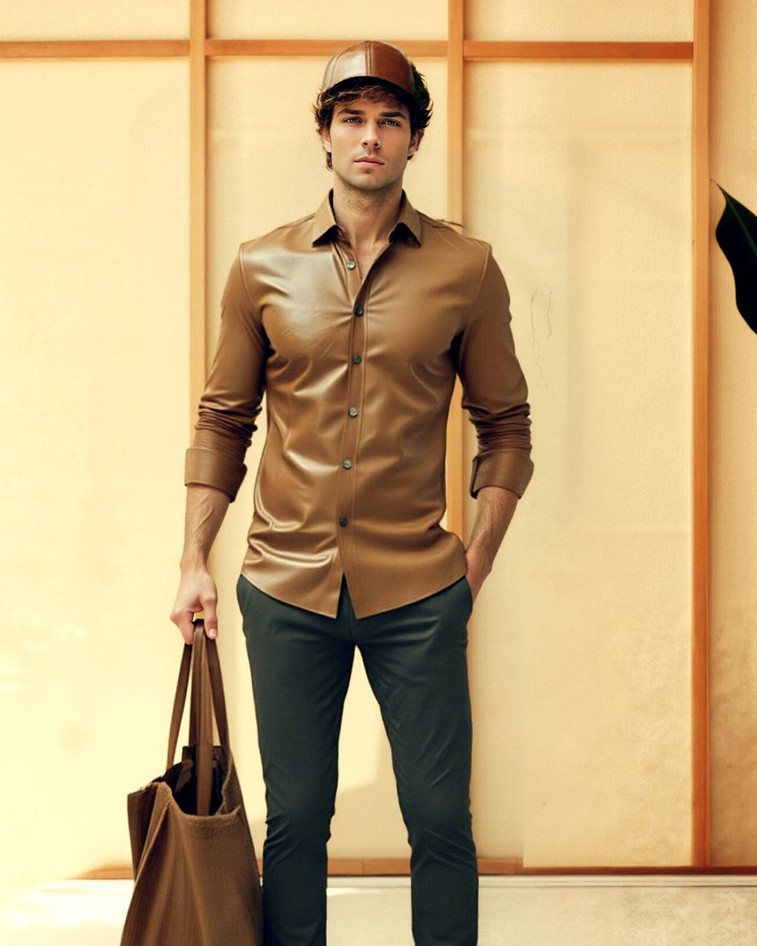 Picture of a model wearing our Men&#39;s tan Leather Shirt.He is also wearing a tan hat and black slacks while holding a bag.