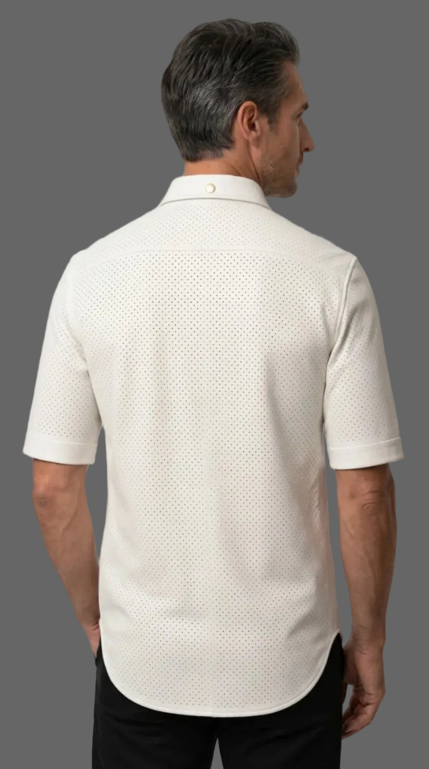 Man wearing our Mens White Perforated Leather Shirt on a white background
