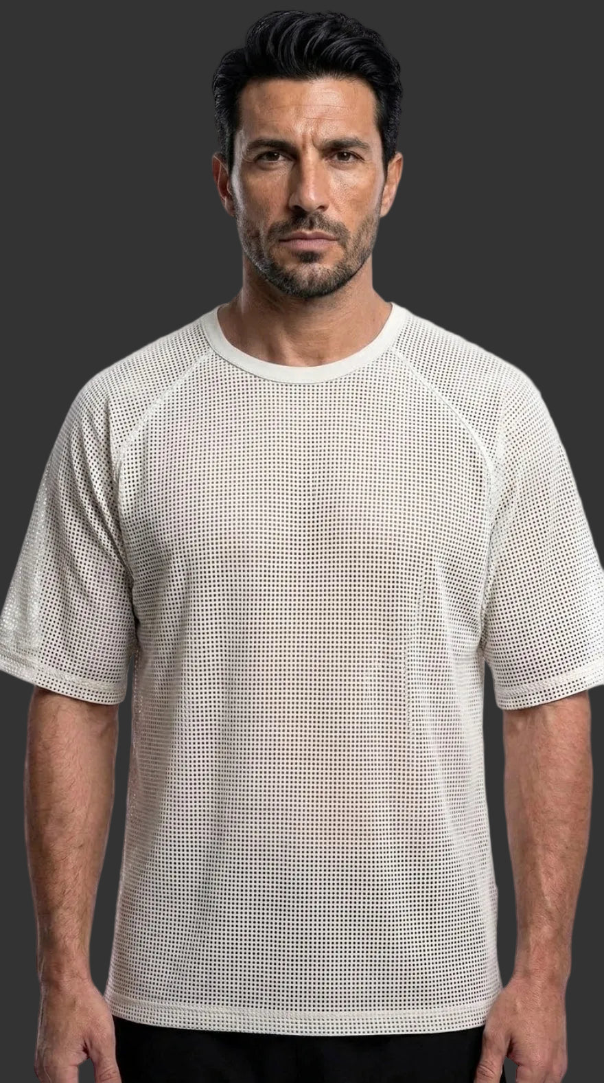 Picture of a model wearing our Mens White Perforated Leather Tee Shirt, Front view.