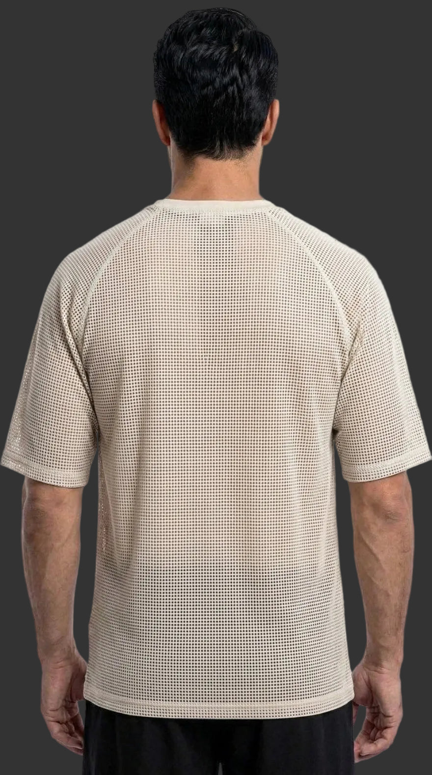 Picture of a model wearing our Mens White Perforated Leather Tee Shirt, Back view.