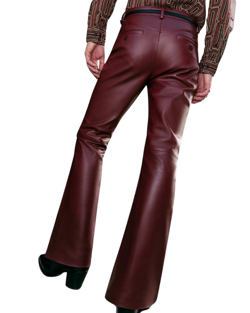 Picture of a model wearing our Mens maroon flared leather pants with 32-inch waist and 34-inch inseam – clearance, back view.