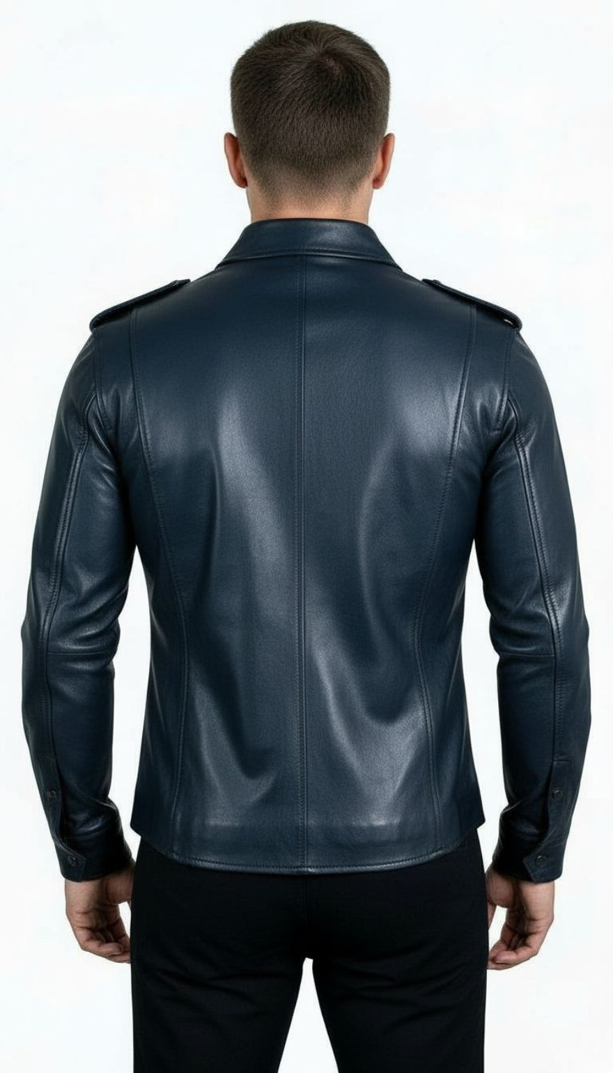 Man wearing our navy leather uniform shirt, back view, on a white background