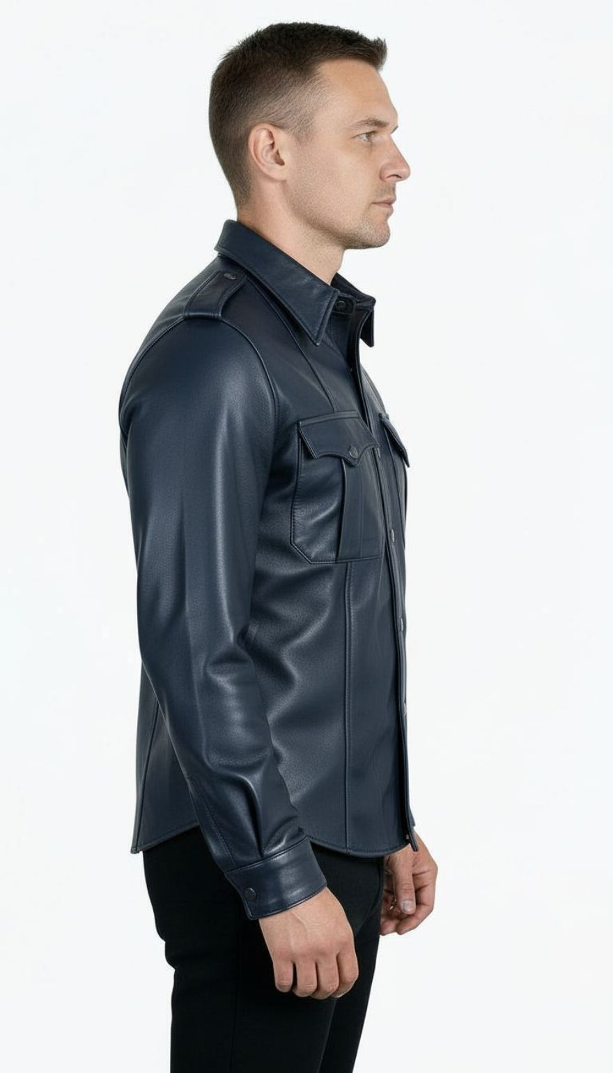 Man wearing our navy leather uniform shirt, side view, on a white background