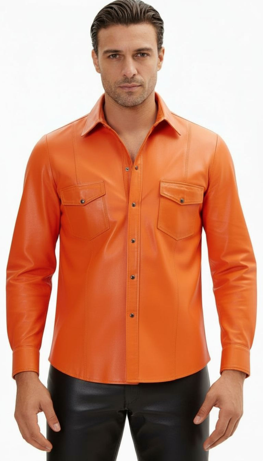 Man wearing our orange leather shirt , front view with top button open, on a white background