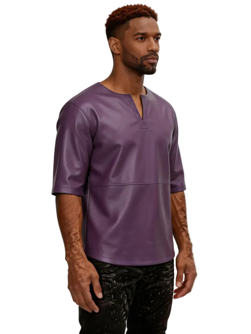 Man wearing our Purple Leather T Shirt Mens, on a white background, side view.