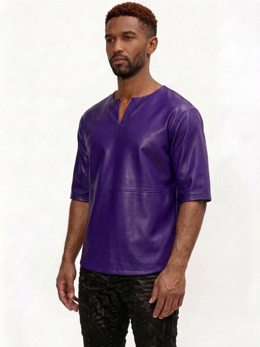 Man wearing our  Purple Leather T Shirt Mens, on a white background, side view.