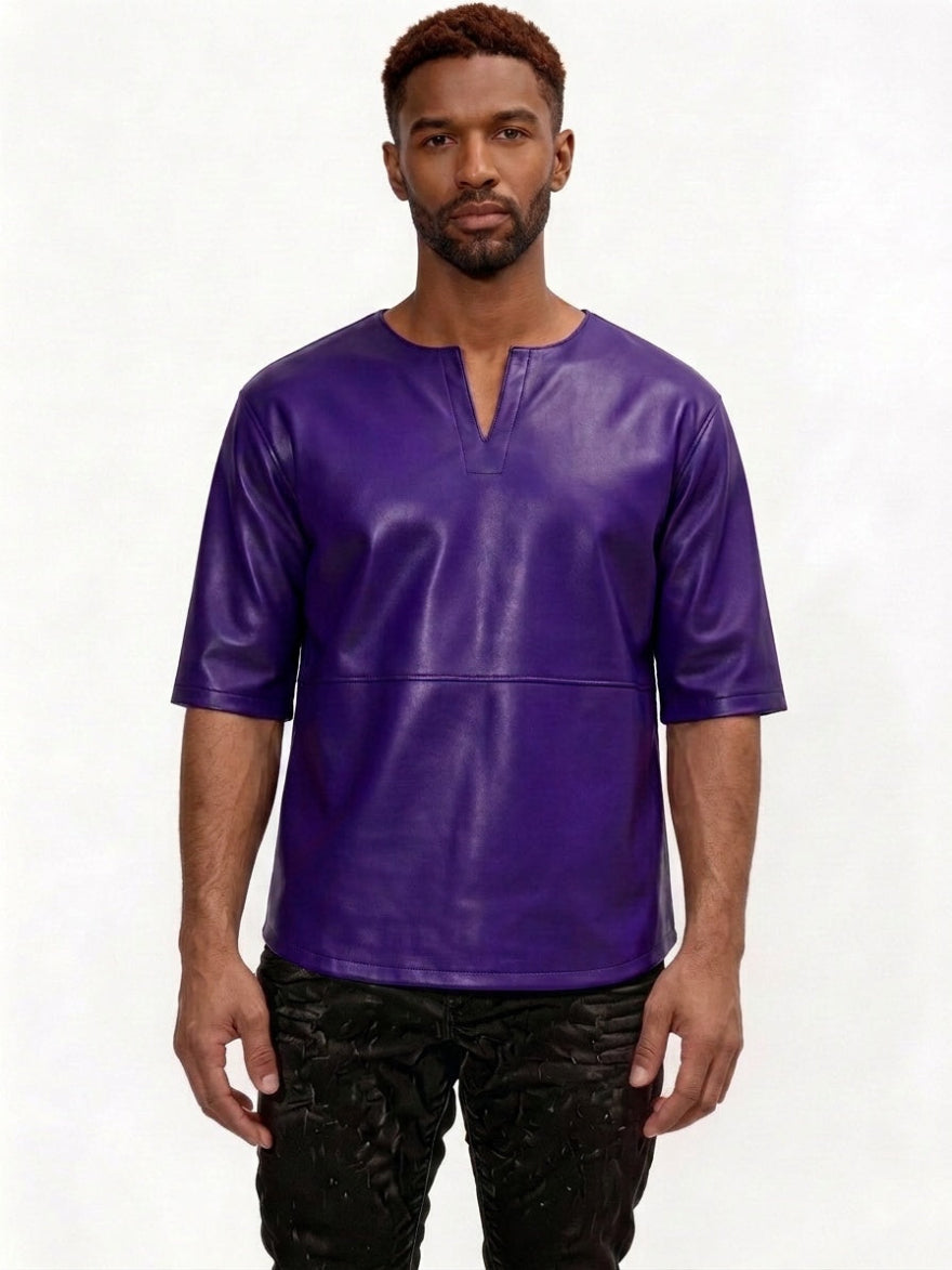 Man wearing our  Purple Leather T Shirt Mens, on a white background, front view.