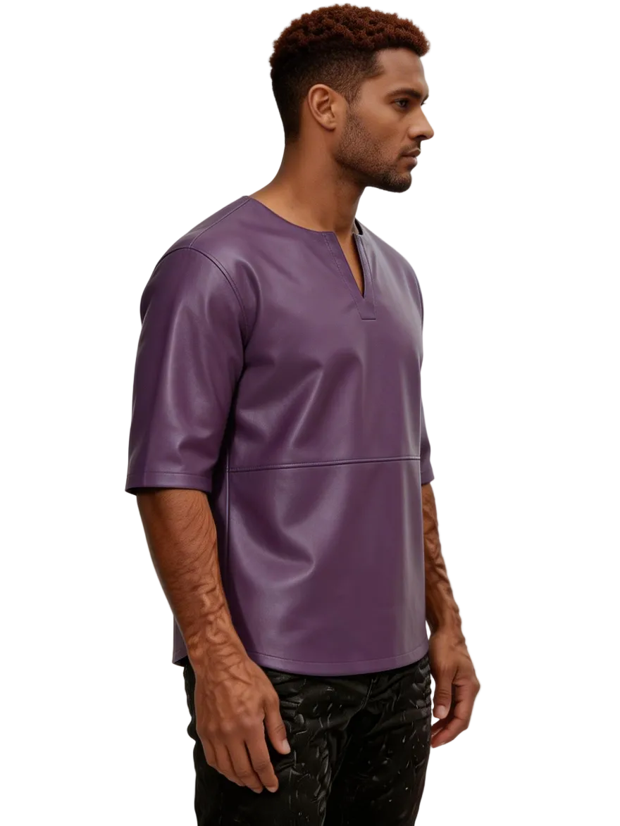 Man wearing our Purple Leather T Shirt Mens, on a white background, side view.