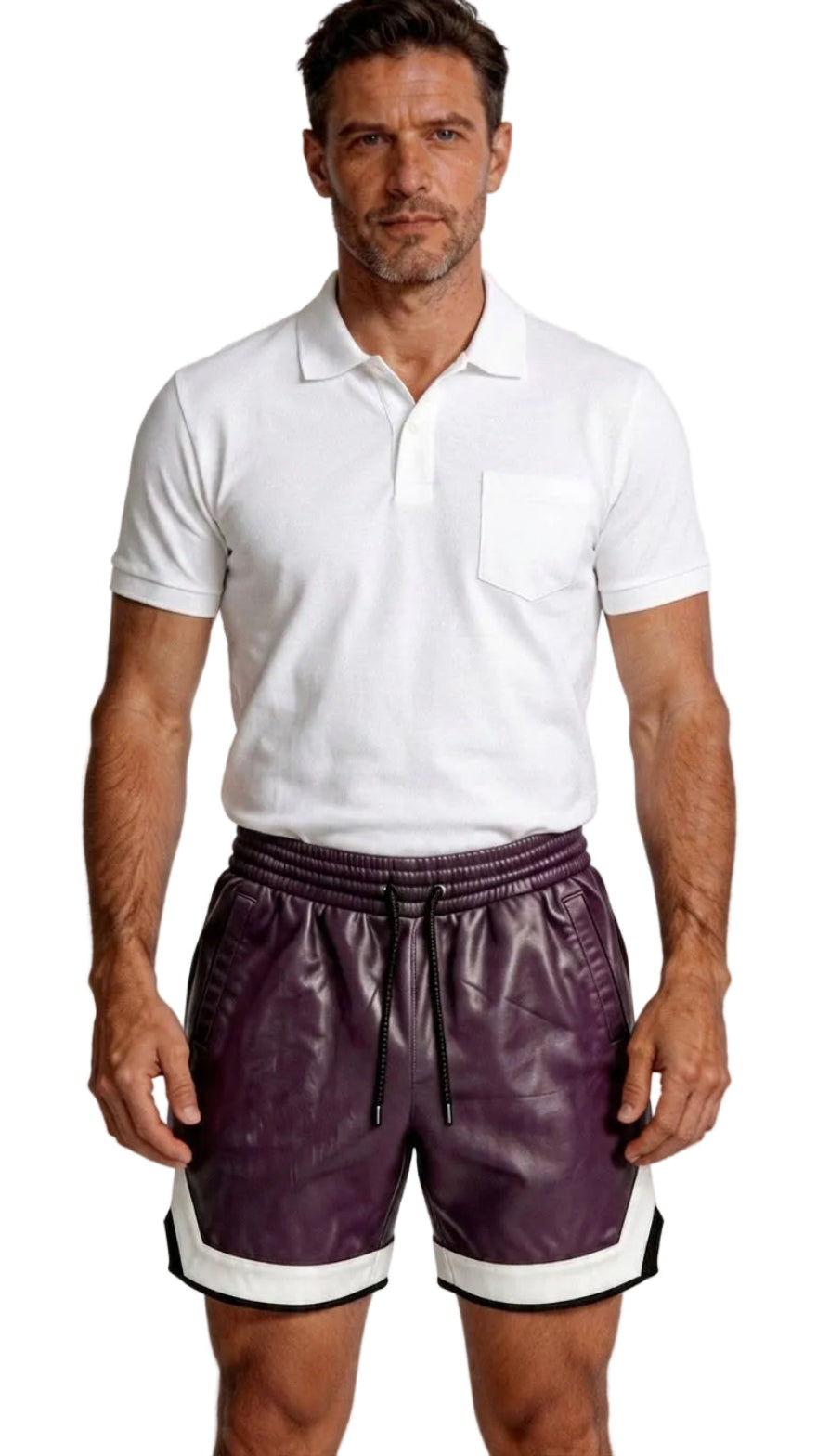 Purple Mens Leather Shorts with Contrast Side Stripe Custom Fit, Front view.