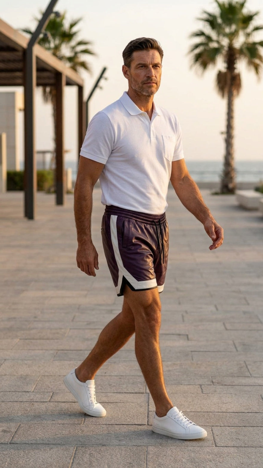 Man wearing our Purple Mens Leather Shorts, walking with trees in the background.
