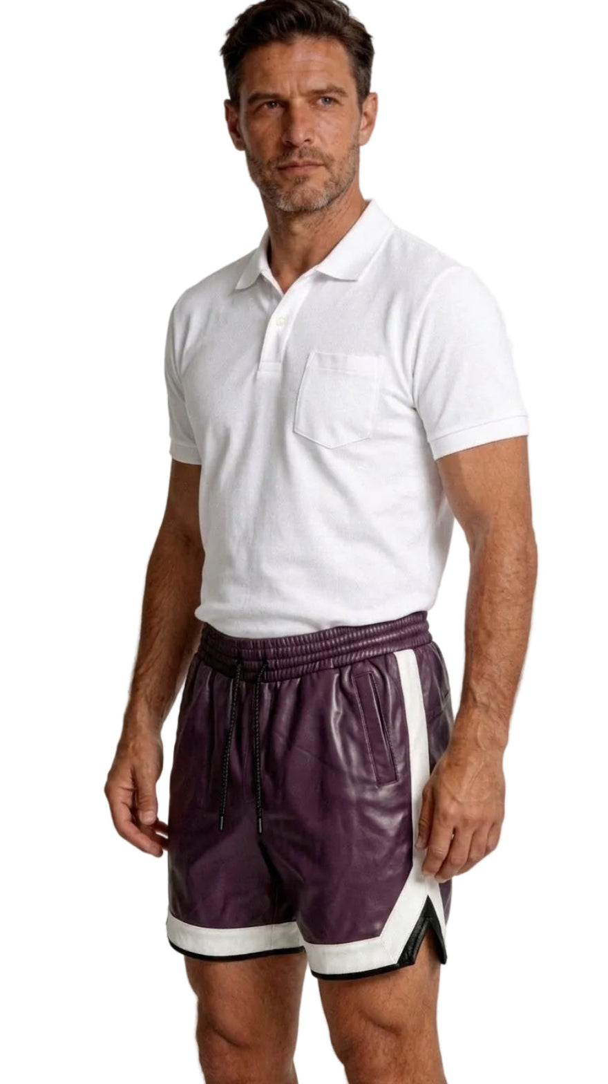 Side View Purple Mens Leather Shorts with Contrast Side Stripe