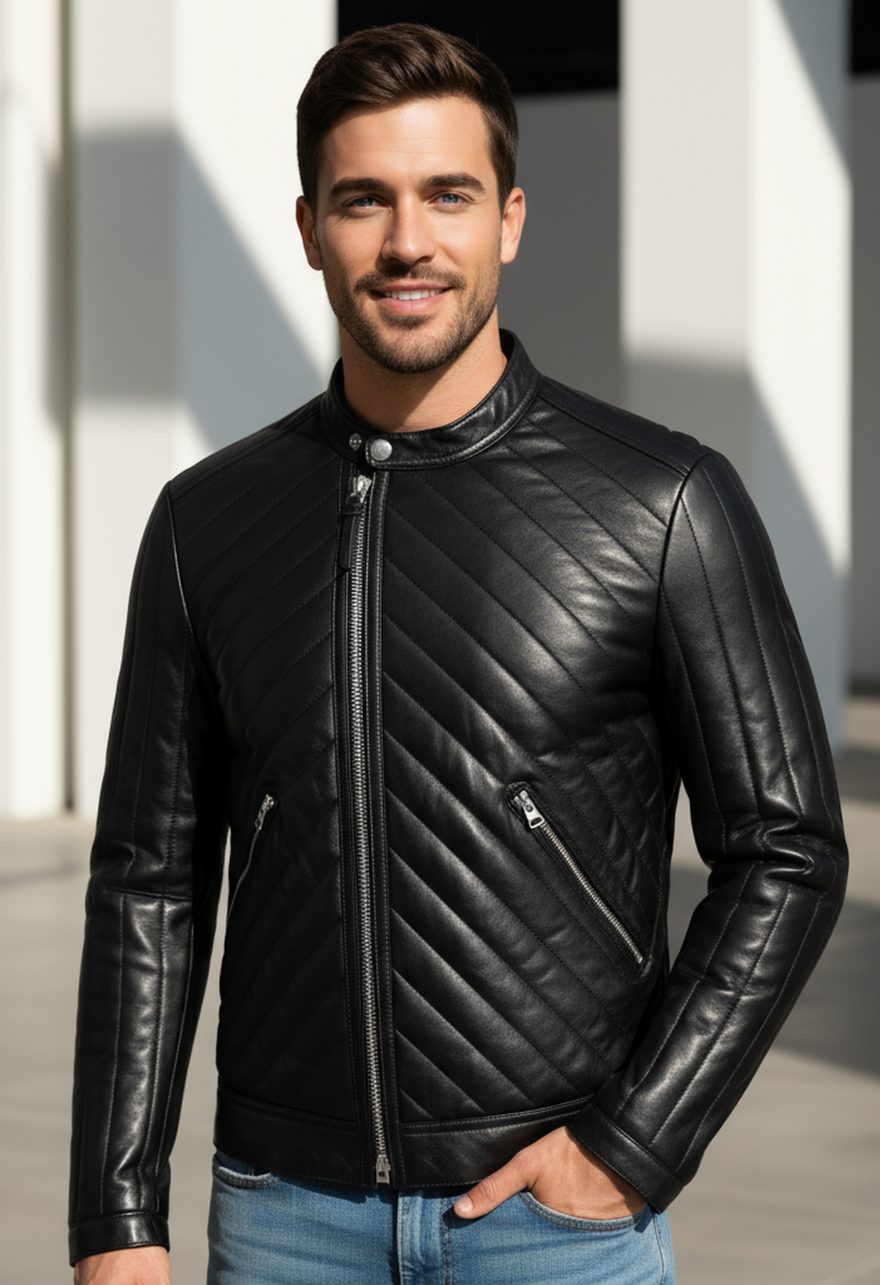 Man wearing  our Quilted Leather Moto Jacket outdoors, front view.