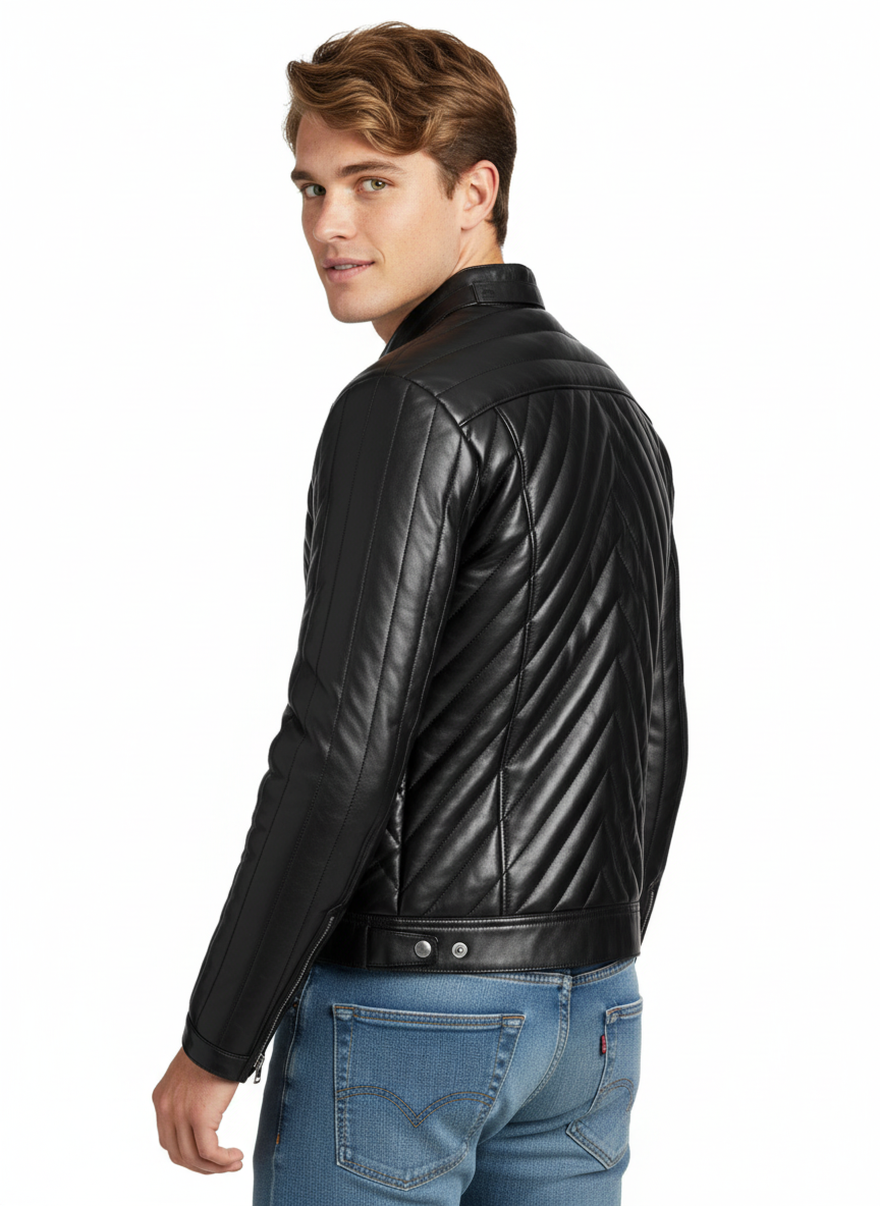 Man wearing our Quilted Leather Moto Jacket on a white background, back view.