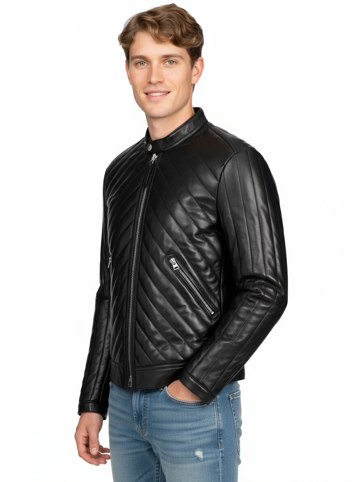 Man wearing our Quilted Leather Moto Jacket on a white background