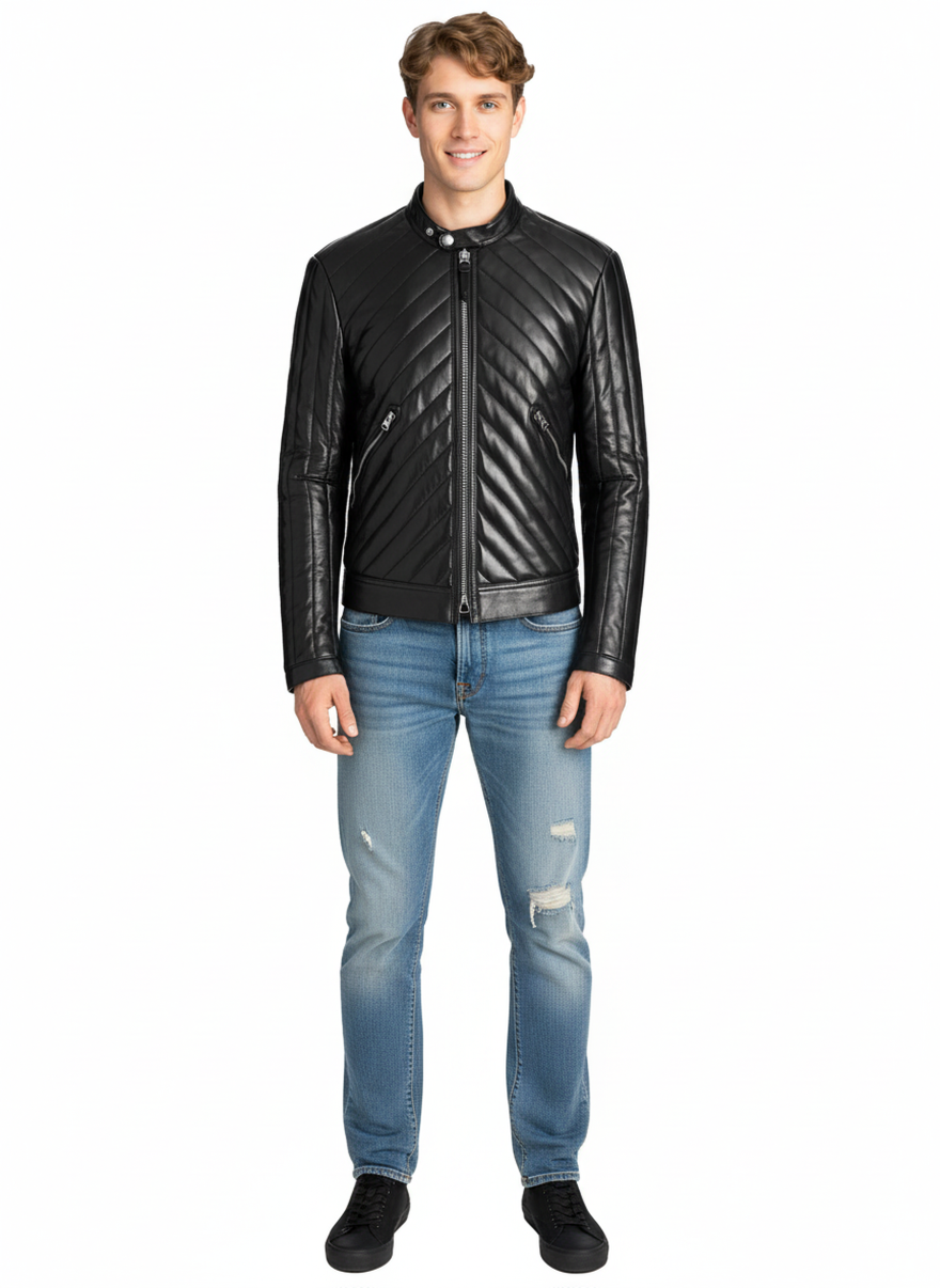 Man wearing our Quilted Leather Moto Jacket and blue jeans on a white background. front view.