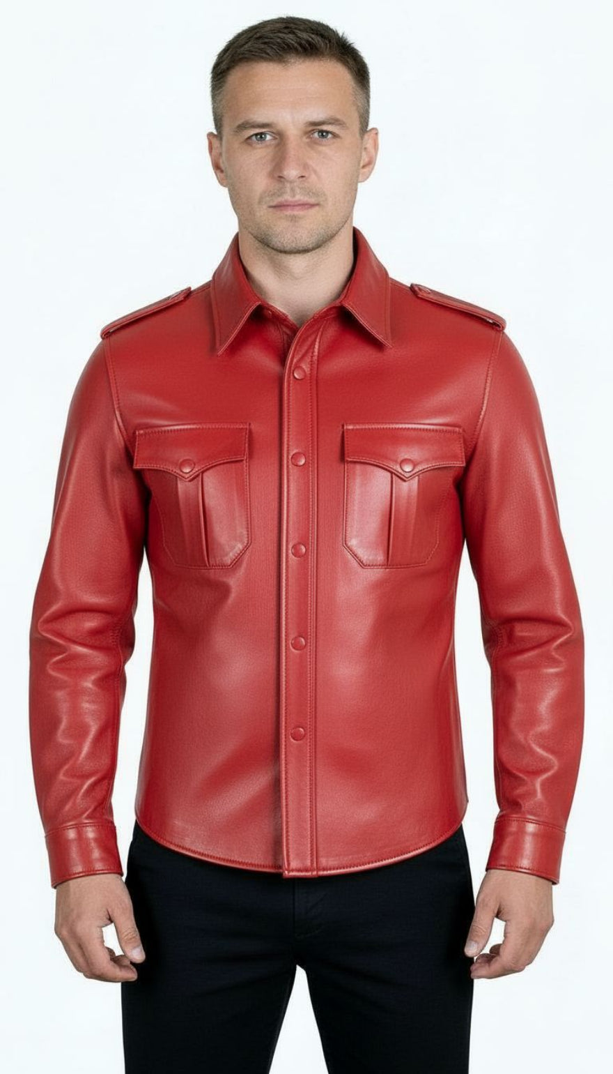 Man wearing our red leather uniform shirt, front view, on a white background