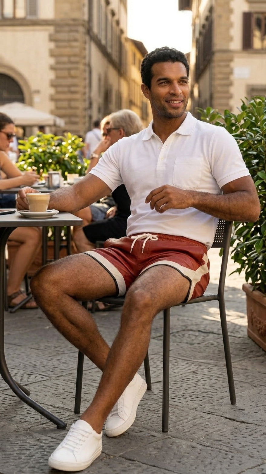 Man sitting outdoors in a casual setting, wearing our Red Mens Leather Shorts with Contrast Side Stripe and white polo shirt