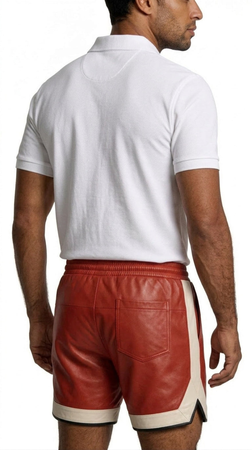 Man wearing our Red Mens Leather Shorts with Contrast Side Stripe and white polo shirt on a white  background, back view.
