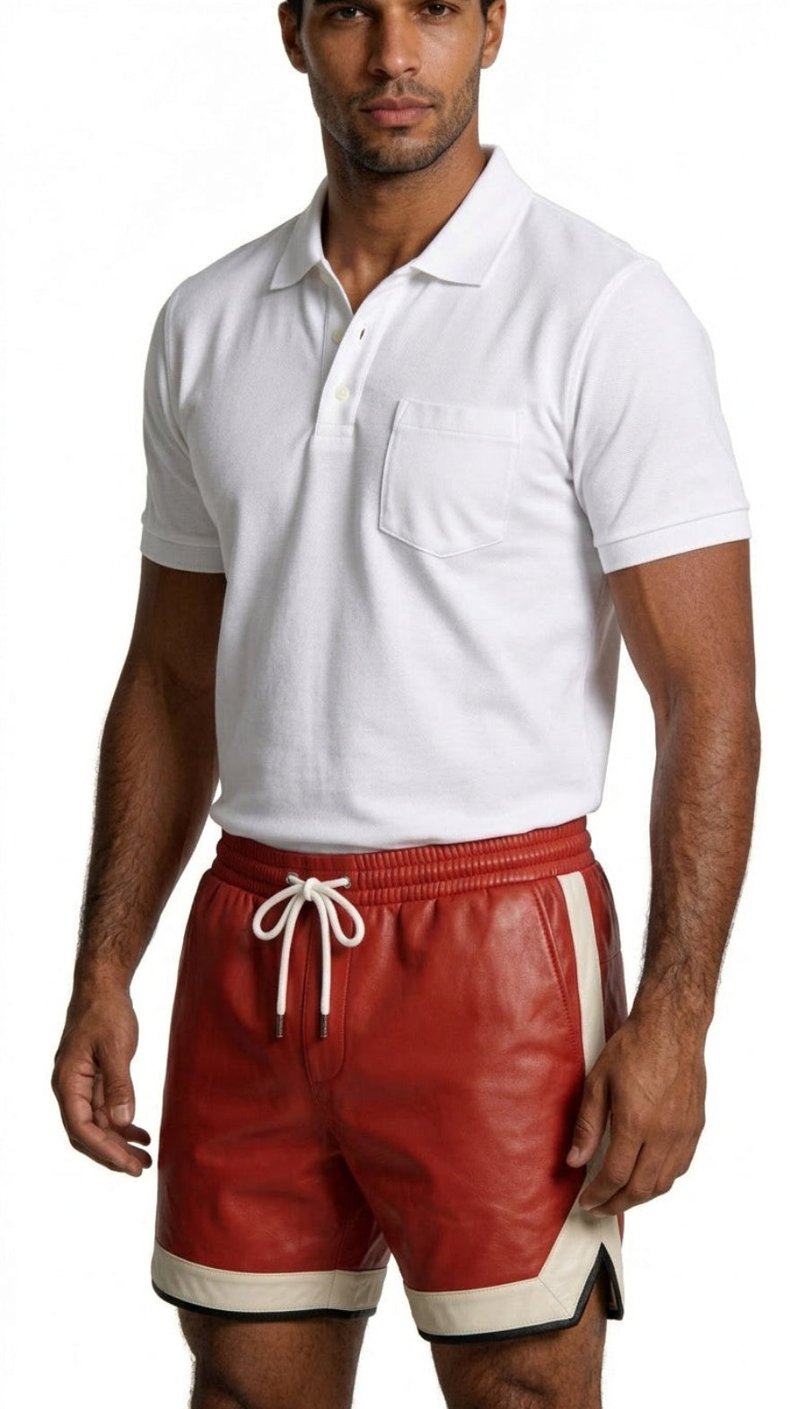 Man wearing our Red Mens Leather Shorts with Contrast Side Stripe and white polo shirt on a white  background, side view.