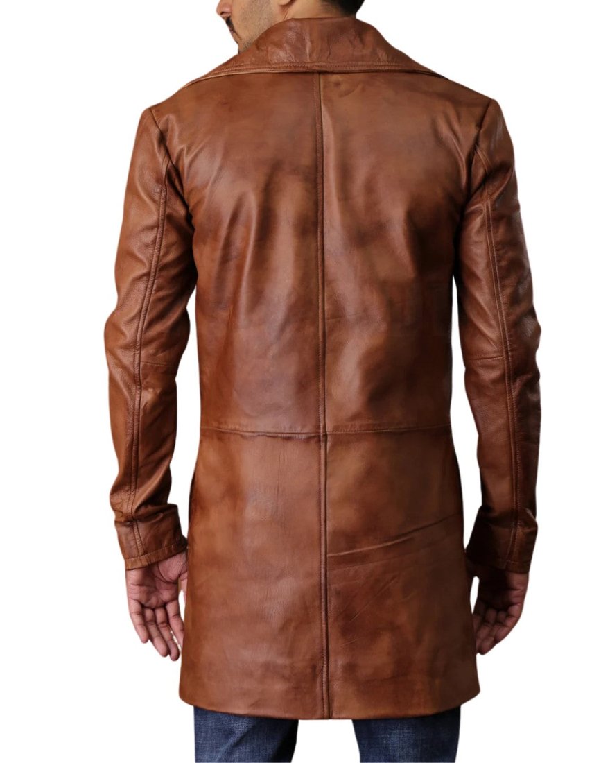 Picture of our Short Leather Trench Coat Brown on a model, back view.