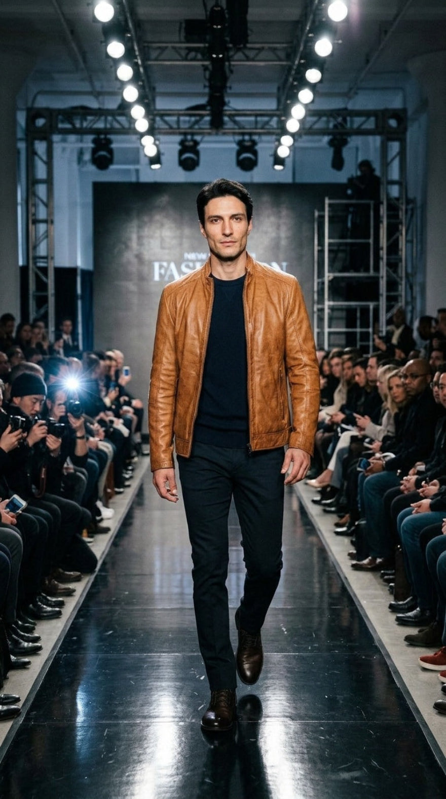 A male model walks down a fashion runway wearing a tan cafe racer leather jacket over a black shirt and black trousers, with seated spectators and runway lights on both sides.
