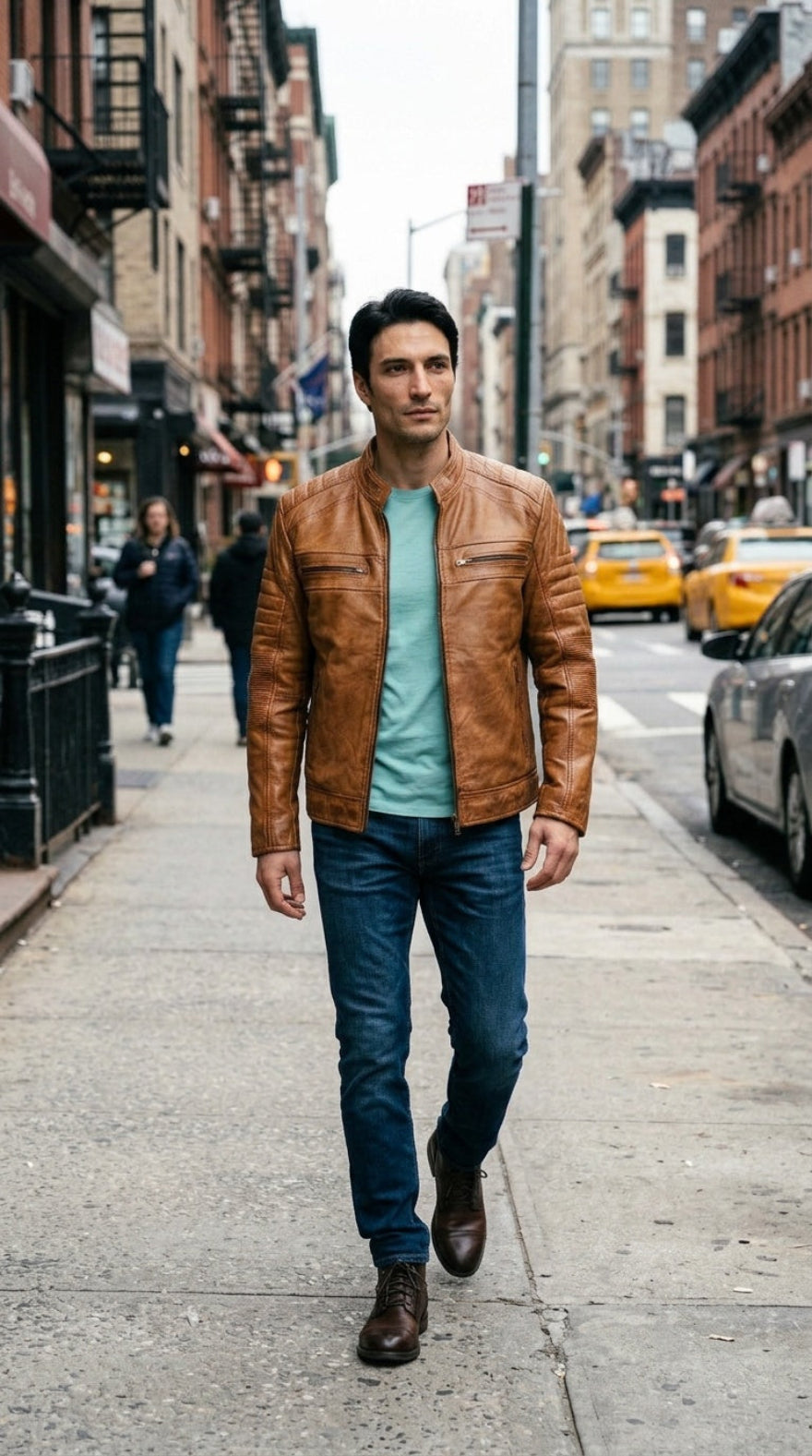 A man walking on a city sidewalk wearing a tan cafe racer leather jacket over a light teal t-shirt, blue jeans, and brown boots, with yellow taxis and city buildings in the background.