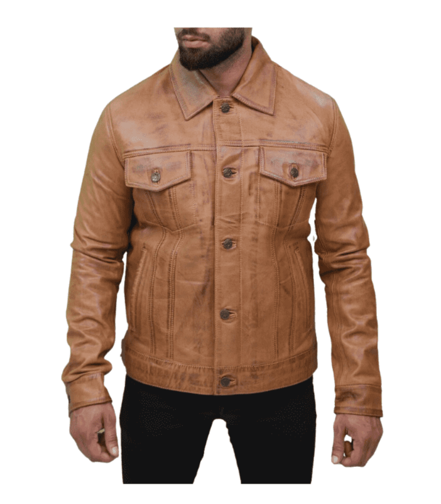 Picture of our Tan Leather Trucker Jacket on a model, front  view, buttons closed.