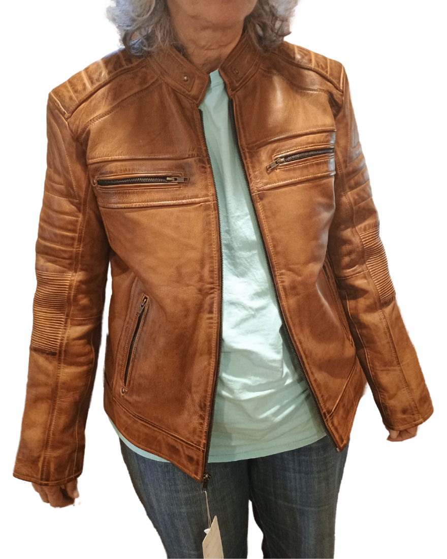 Model wearing wearing our tan cafe racer front view with zipper open.